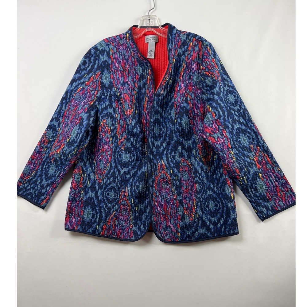 Catherines Quilted Reversible Jacket Womens 0X 14/16W Blue Red Abstract Ikat